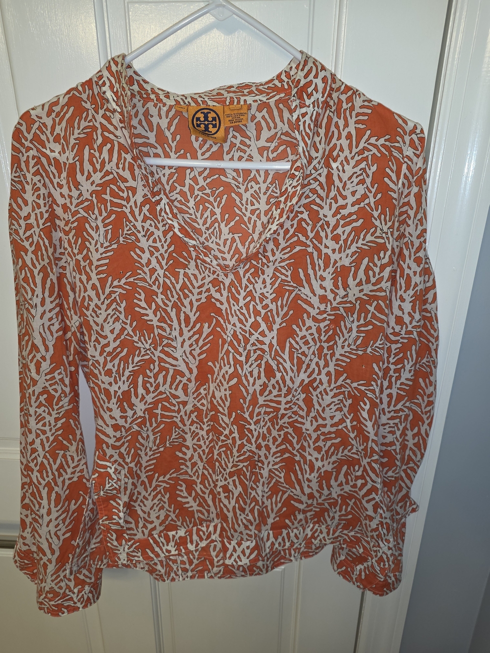 Tory Burch Orange and Cream Coral-Print V-Neck Size 2 Top